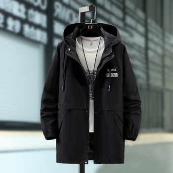 Palton trench pentru bărbați, lungime medie, guler cu stand, fermoar, material ușor din poliester, pentru toamnă.