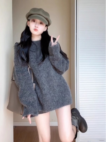 Sivi ležerni pleteni hoodie džemper za žene, srednja duljina