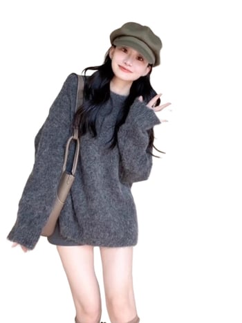 Sivi ležerni pleteni hoodie džemper za žene, srednja duljina