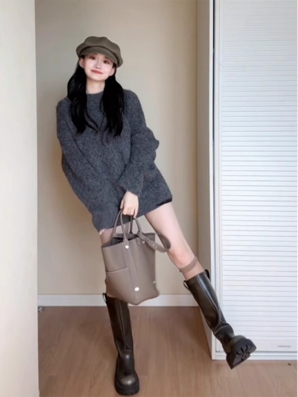 Sivi ležerni pleteni hoodie džemper za žene, srednja duljina