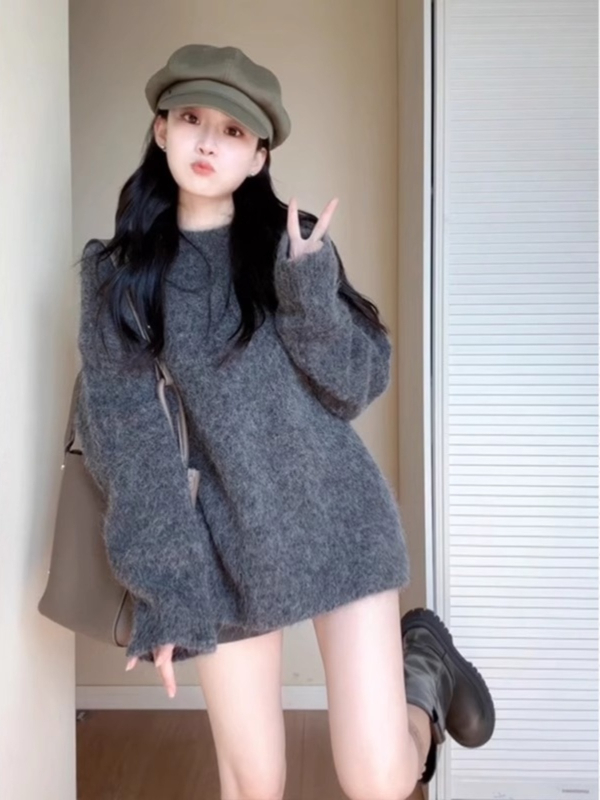 Sivi ležerni pleteni hoodie džemper za žene, srednja duljina