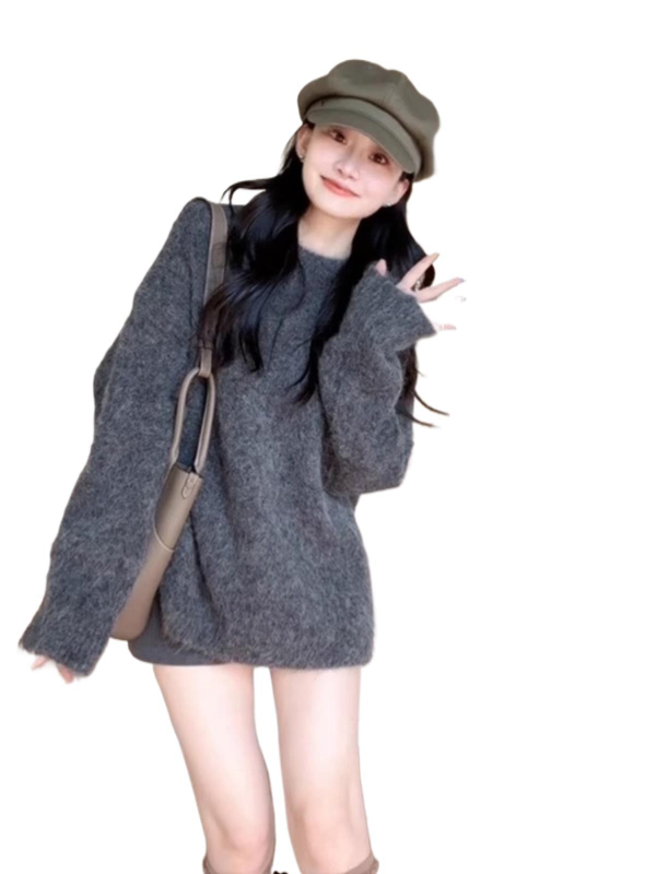 Sivi ležerni pleteni hoodie džemper za žene, srednja duljina