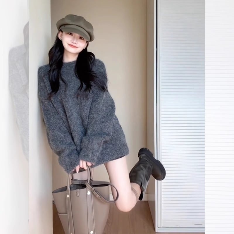 Sivi ležerni pleteni hoodie džemper za žene, srednja duljina