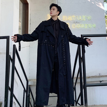 Muški dugi trench coat s reverom tipa lapel, dvostruko kopčanje, pojas, pamuk, jednobojan, udoban kroj za jesen