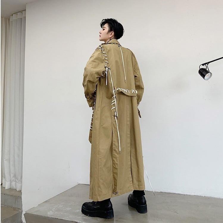 Muški dugi trench coat s reverom tipa lapel, dvostruko kopčanje, pojas, pamuk, jednobojan, udoban kroj za jesen