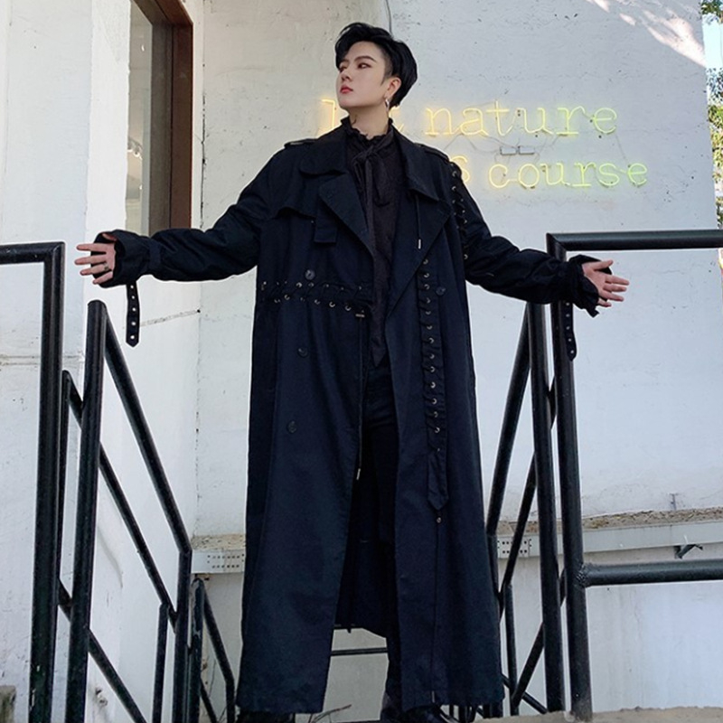 Muški dugi trench coat s reverom tipa lapel, dvostruko kopčanje, pojas, pamuk, jednobojan, udoban kroj za jesen