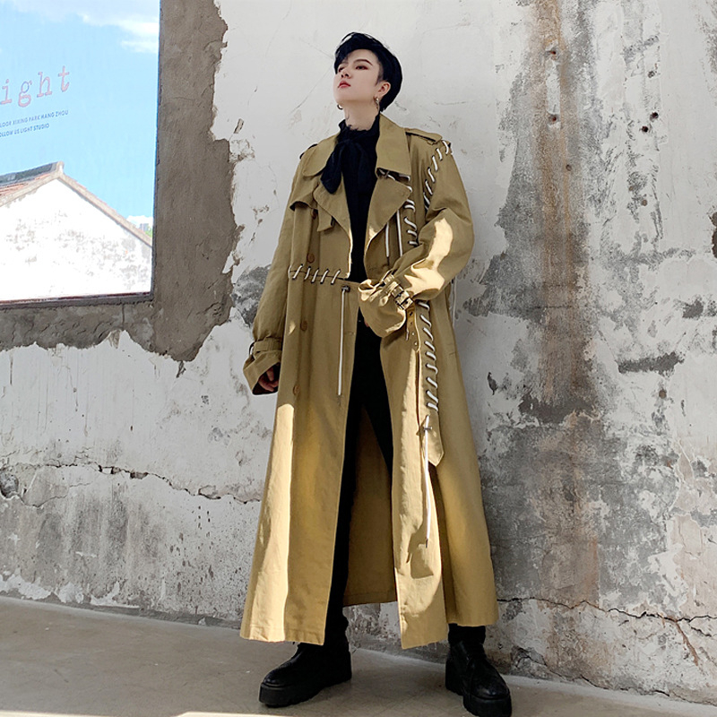Muški dugi trench coat s reverom tipa lapel, dvostruko kopčanje, pojas, pamuk, jednobojan, udoban kroj za jesen