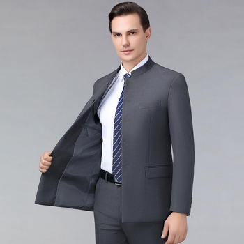 Ανδρικό κουστούμι Μάο από μαλλί με σταθερό γιακά — κινεζικό στυλ για γάμο και επιχειρήσεις, κανονική γραμμή, 60% μαλλί, άνοιξη/φθινόπωρο, κυκλοφορία φθινοπωρινή 2025