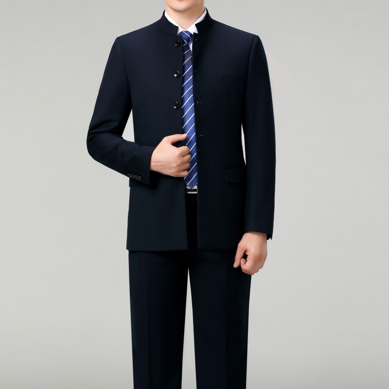 Ανδρικό κουστούμι Μάο από μαλλί με σταθερό γιακά — κινεζικό στυλ για γάμο και επιχειρήσεις, κανονική γραμμή, 60% μαλλί, άνοιξη/φθινόπωρο, κυκλοφορία φθινοπωρινή 2025