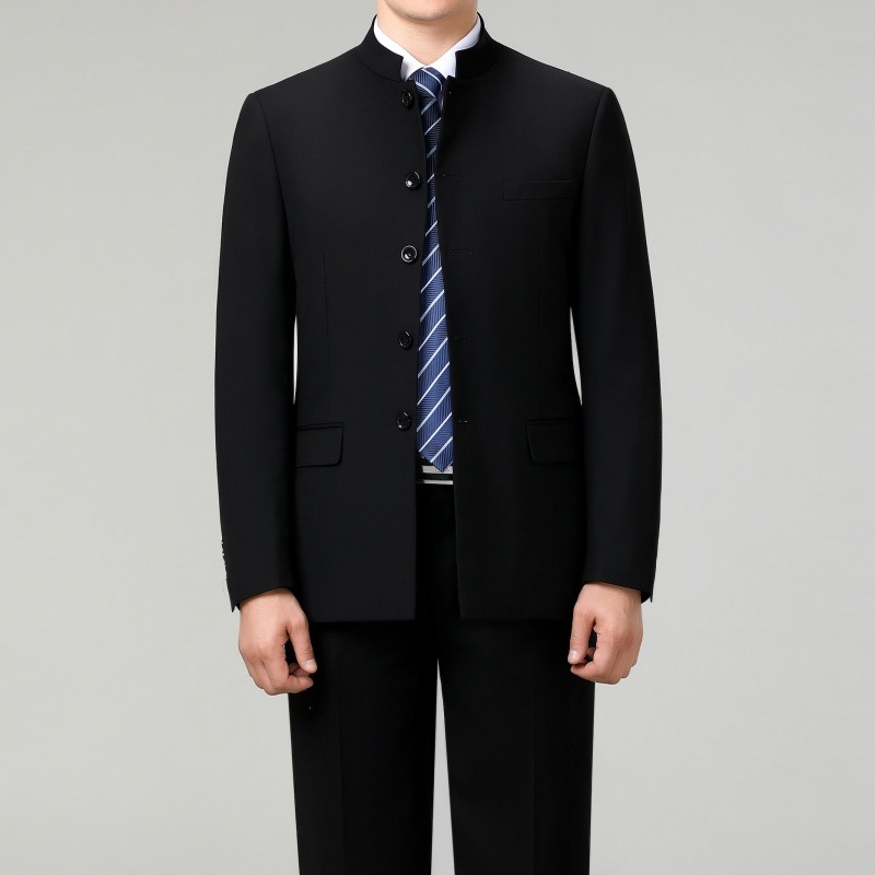 Ανδρικό κουστούμι Μάο από μαλλί με σταθερό γιακά — κινεζικό στυλ για γάμο και επιχειρήσεις, κανονική γραμμή, 60% μαλλί, άνοιξη/φθινόπωρο, κυκλοφορία φθινοπωρινή 2025