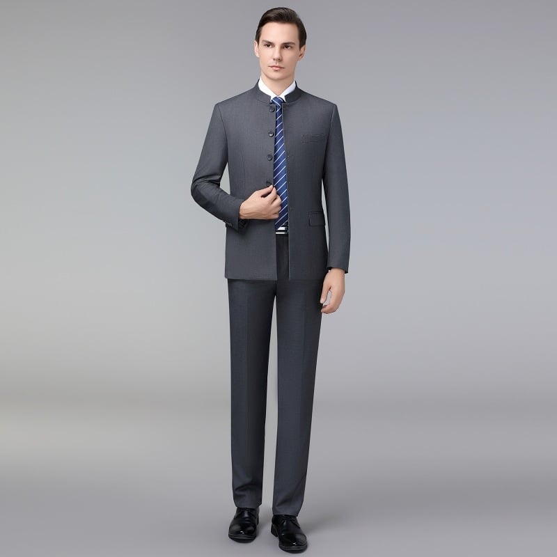 Ανδρικό κουστούμι Μάο από μαλλί με σταθερό γιακά — κινεζικό στυλ για γάμο και επιχειρήσεις, κανονική γραμμή, 60% μαλλί, άνοιξη/φθινόπωρο, κυκλοφορία φθινοπωρινή 2025