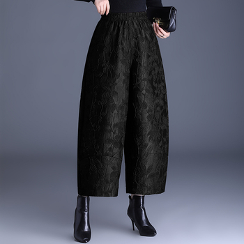 Pantaloni largi pentru femei, jacquard gravat, croială lejeră, talie medie-înaltă, lungime 9/10, țesătură țesută