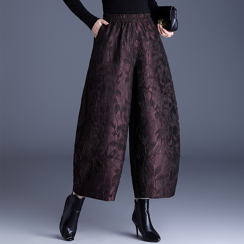 Pantaloni largi pentru femei, jacquard gravat, croială lejeră, talie medie-înaltă, lungime 9/10, țesătură țesută