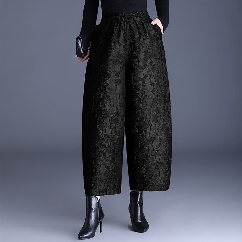 Pantaloni largi pentru femei, jacquard gravat, croială lejeră, talie medie-înaltă, lungime 9/10, țesătură țesută