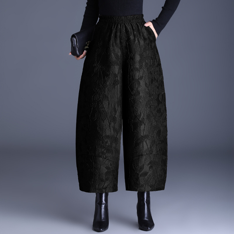 Pantaloni largi pentru femei, jacquard gravat, croială lejeră, talie medie-înaltă, lungime 9/10, țesătură țesută