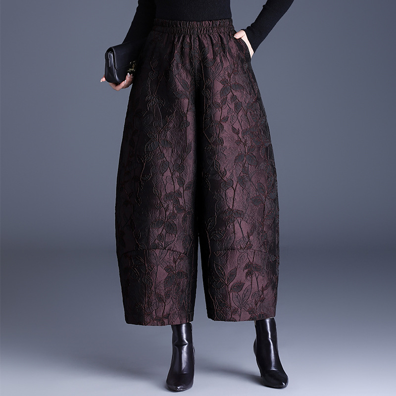 Pantaloni largi pentru femei, jacquard gravat, croială lejeră, talie medie-înaltă, lungime 9/10, țesătură țesută