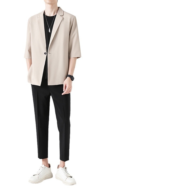 Muški dvodjelni sako odijelo, slim-fit, hlače duljine 9/10, jakna s ravnim ovratnikom i jednim gumbom, smjesa poliester
