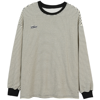 Ženski prugasti poliester T-shirt-sweatshirt, opuštena silueta, dugi rukav, okrugli izrez
