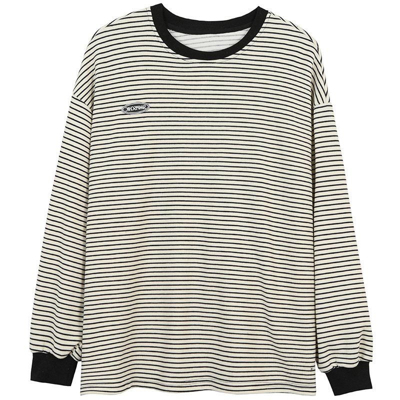 Ženski prugasti poliester T-shirt-sweatshirt, opuštena silueta, dugi rukav, okrugli izrez