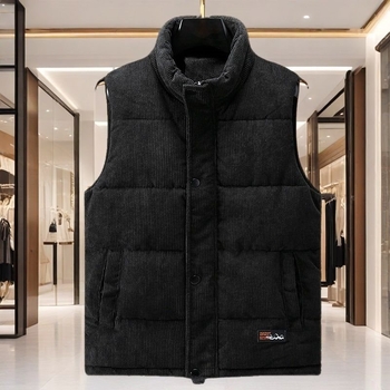 Vesta din bumbac, corduroy, cu model pe dungi, groasă, cu glugă și guler înalt