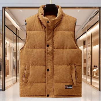 Vesta din bumbac, corduroy, cu model pe dungi, groasă, cu glugă și guler înalt