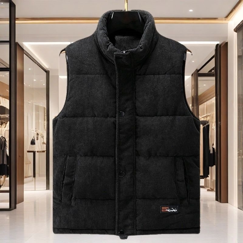 Vesta din bumbac, corduroy, cu model pe dungi, groasă, cu glugă și guler înalt