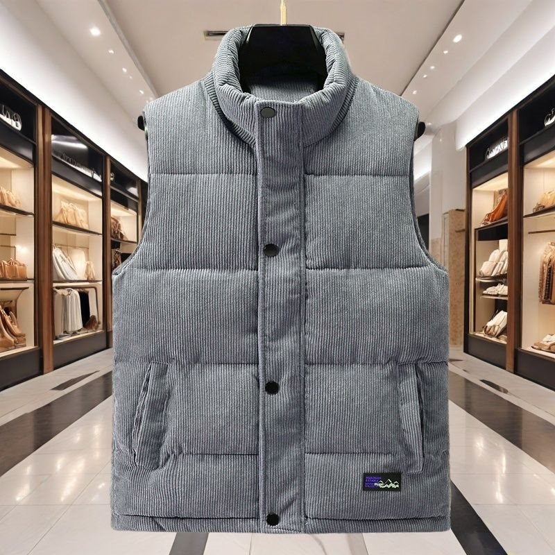 Vesta din bumbac, corduroy, cu model pe dungi, groasă, cu glugă și guler înalt