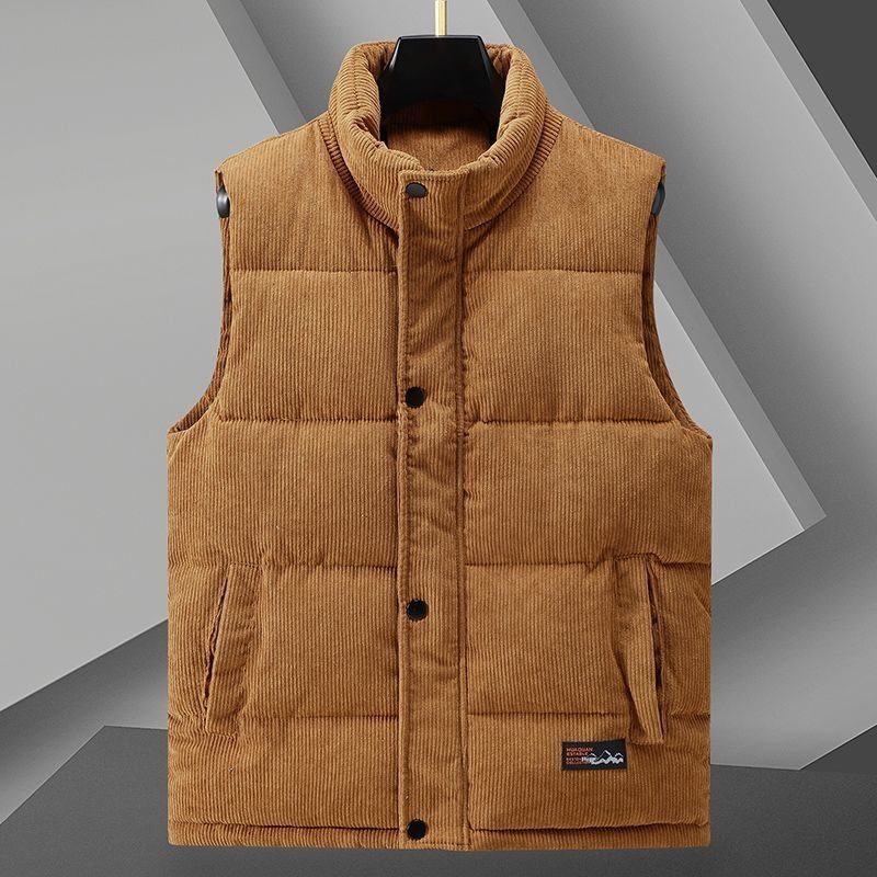 Vesta din bumbac, corduroy, cu model pe dungi, groasă, cu glugă și guler înalt