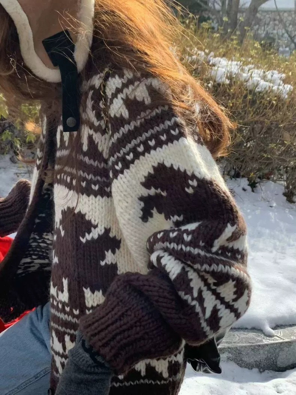 Gyapjú jacquard kardigán virágos mintával – Koreai lazább stílus, bő szabású