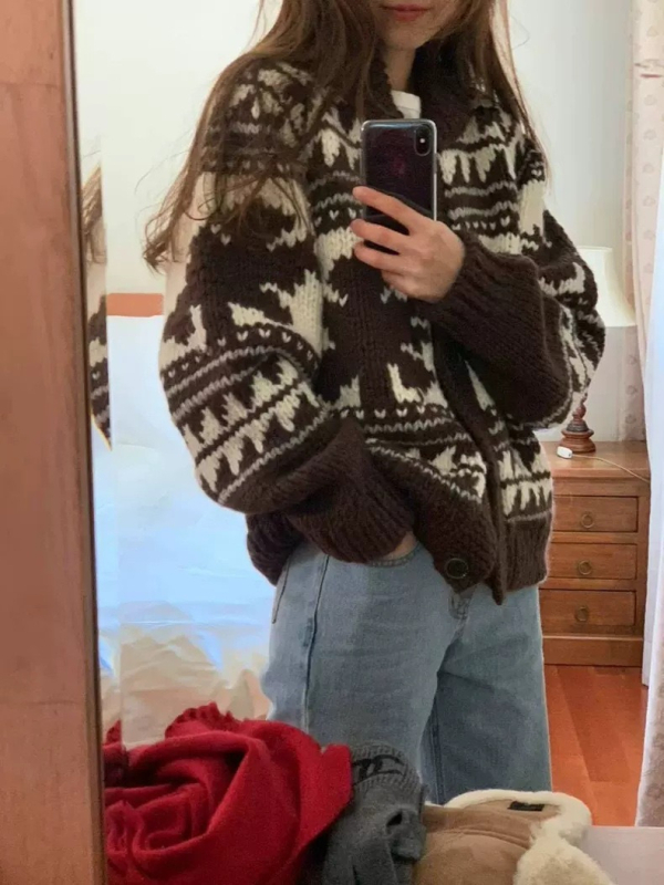 Gyapjú jacquard kardigán virágos mintával – Koreai lazább stílus, bő szabású