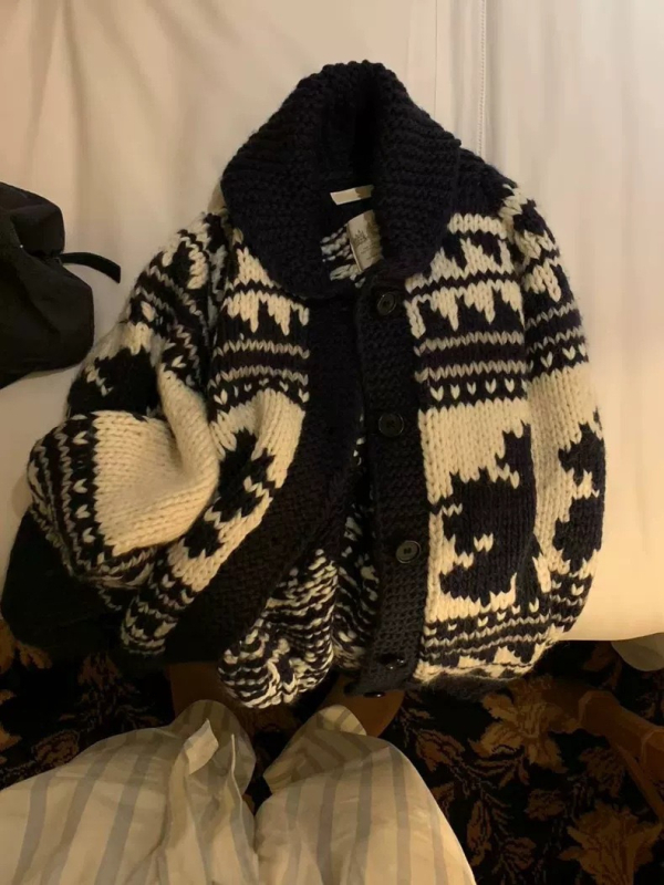 Gyapjú jacquard kardigán virágos mintával – Koreai lazább stílus, bő szabású