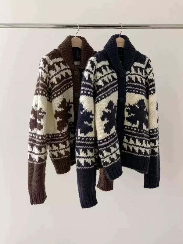 Gyapjú jacquard kardigán virágos mintával – Koreai lazább stílus, bő szabású