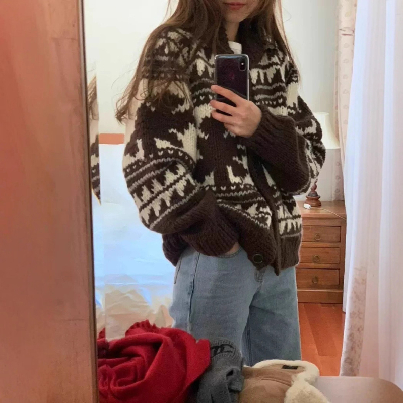 Gyapjú jacquard kardigán virágos mintával – Koreai lazább stílus, bő szabású