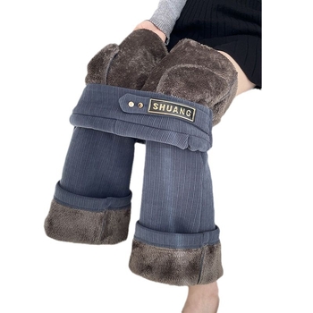 Pantaloni largi din chenille, cu căptușeală de fleece, croială dreaptă, lungime 3/4, groși