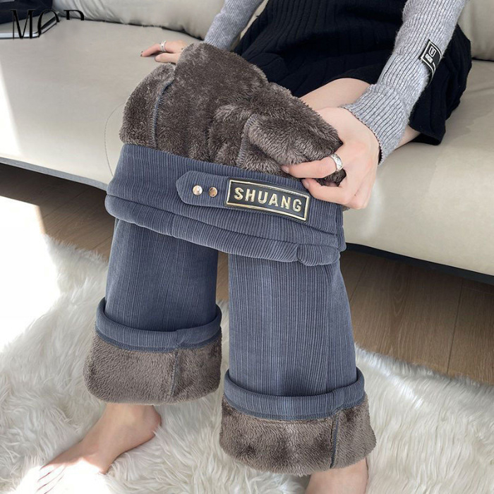 Pantaloni largi din chenille, cu căptușeală de fleece, croială dreaptă, lungime 3/4, groși