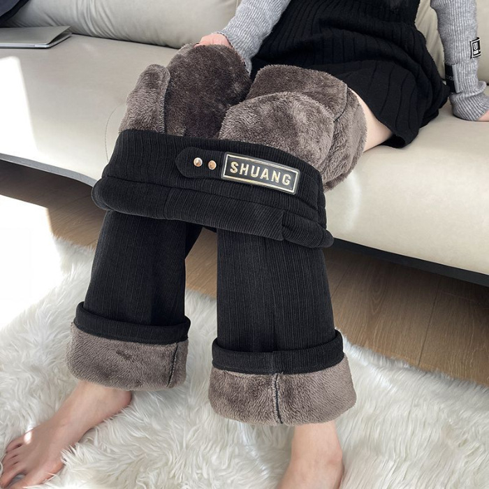 Pantaloni largi din chenille, cu căptușeală de fleece, croială dreaptă, lungime 3/4, groși