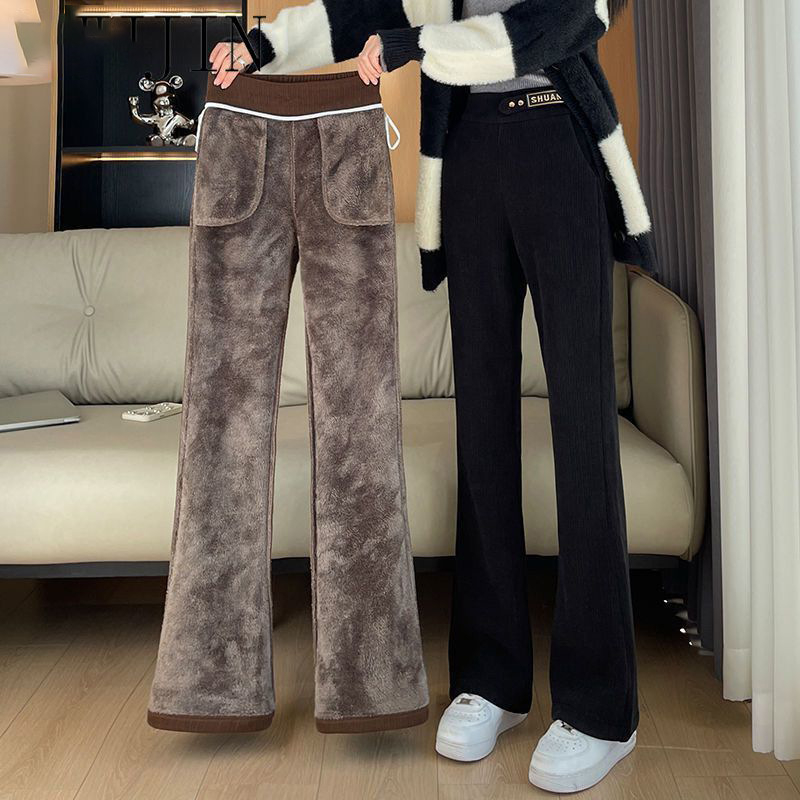 Pantaloni largi din chenille, cu căptușeală de fleece, croială dreaptă, lungime 3/4, groși