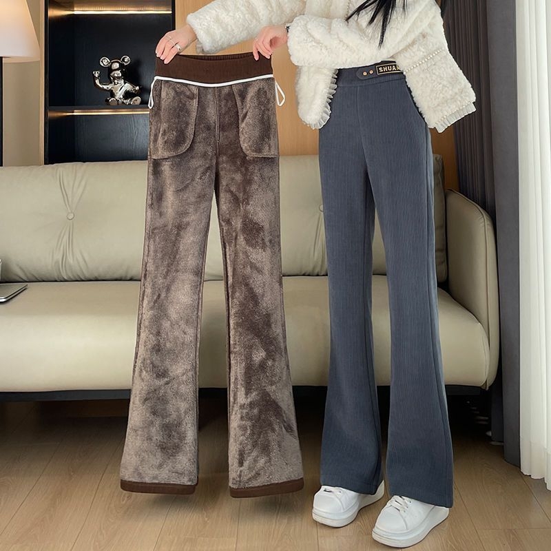 Pantaloni largi din chenille, cu căptușeală de fleece, croială dreaptă, lungime 3/4, groși