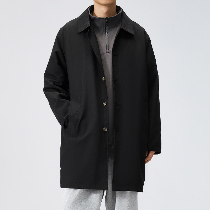 Muška windbreaker jakna srednje dužine, kapuljača, rever ovratnik, zatvarač, ležerni kroj, proljetno-jesenski stil, acetatna vlakna s poliesterom