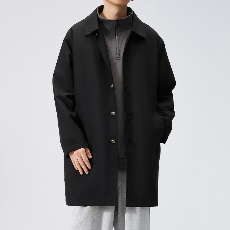 Muška windbreaker jakna srednje dužine, kapuljača, rever ovratnik, zatvarač, ležerni kroj, proljetno-jesenski stil, acetatna vlakna s poliesterom
