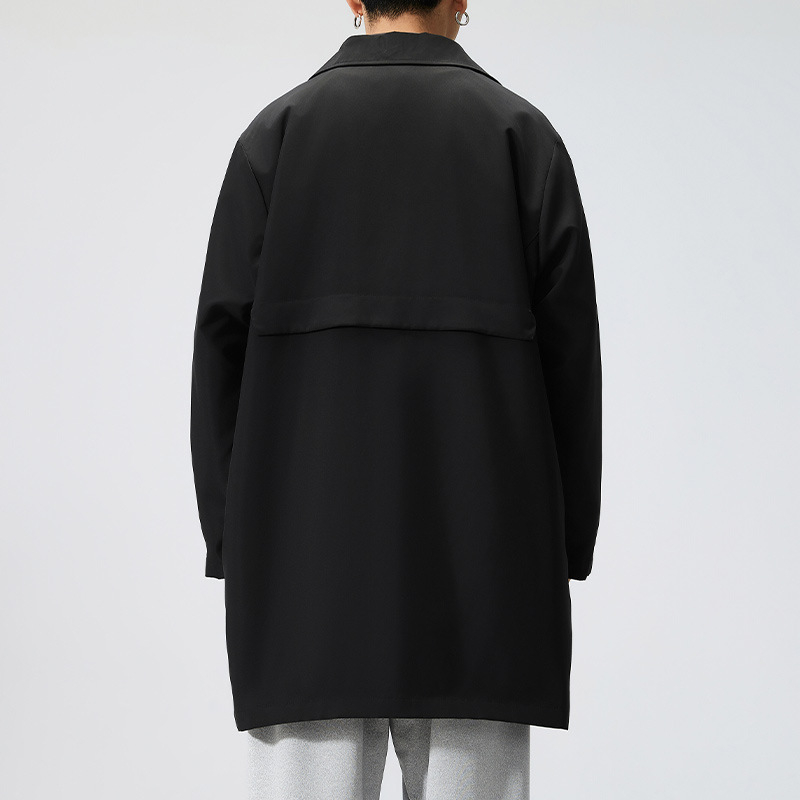 Muška windbreaker jakna srednje dužine, kapuljača, rever ovratnik, zatvarač, ležerni kroj, proljetno-jesenski stil, acetatna vlakna s poliesterom