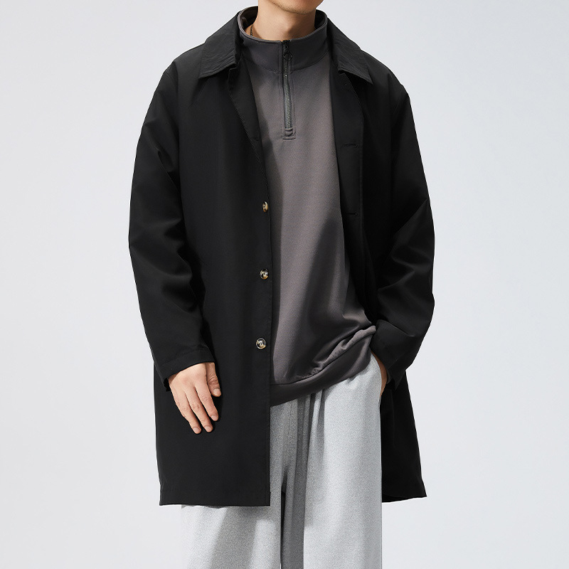 Muška windbreaker jakna srednje dužine, kapuljača, rever ovratnik, zatvarač, ležerni kroj, proljetno-jesenski stil, acetatna vlakna s poliesterom