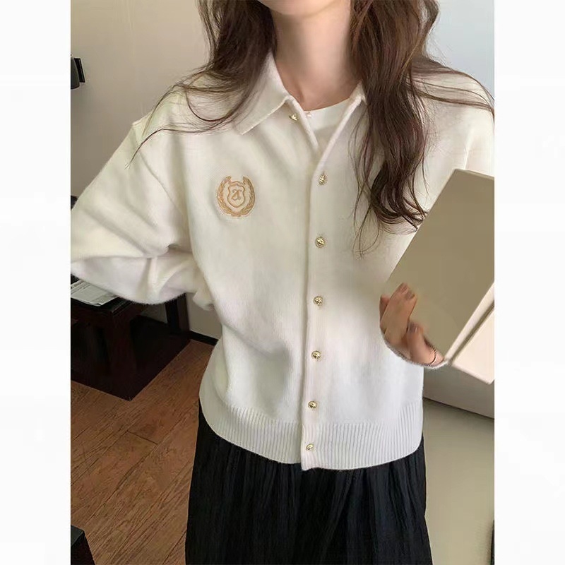 Cardigan s izvezenim ovratnikom i polo ovratnikom, široki rukavi, ležerni kroj, akrilna vlakna, gradski elegantan stil
