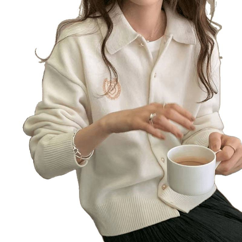 Cardigan s izvezenim ovratnikom i polo ovratnikom, široki rukavi, ležerni kroj, akrilna vlakna, gradski elegantan stil