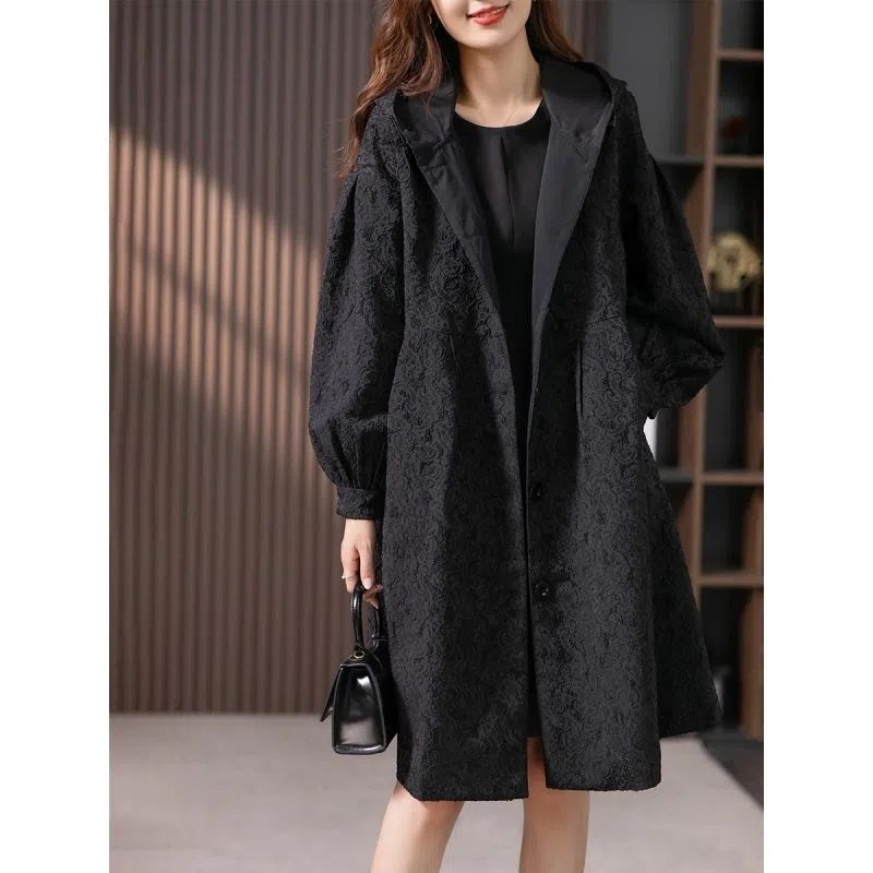 Damska jacquard windbreaker srednje duljine, s kapuljom, A-kroj, chenille i spandex, rukavi princeze