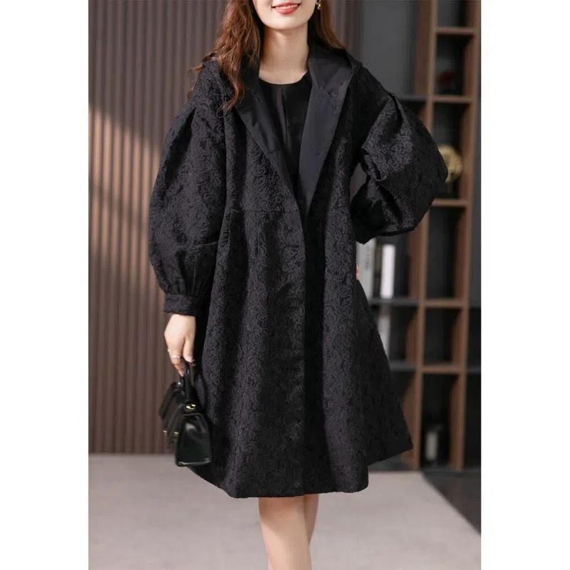 Damska jacquard windbreaker srednje duljine, s kapuljom, A-kroj, chenille i spandex, rukavi princeze