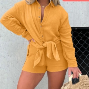Ženski dvodijelni ležerni set: šorcevi s visokim strukom i košulja s dugim rukavima od pamuka, 95% pamuk, ljeto 2023
