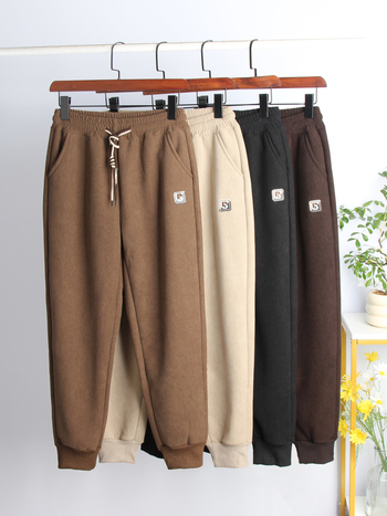 Ženske jogger hlače, visok struk, šnurica, širok kroj, ekstra debele, pamuk-poliester-spandex mješavina.