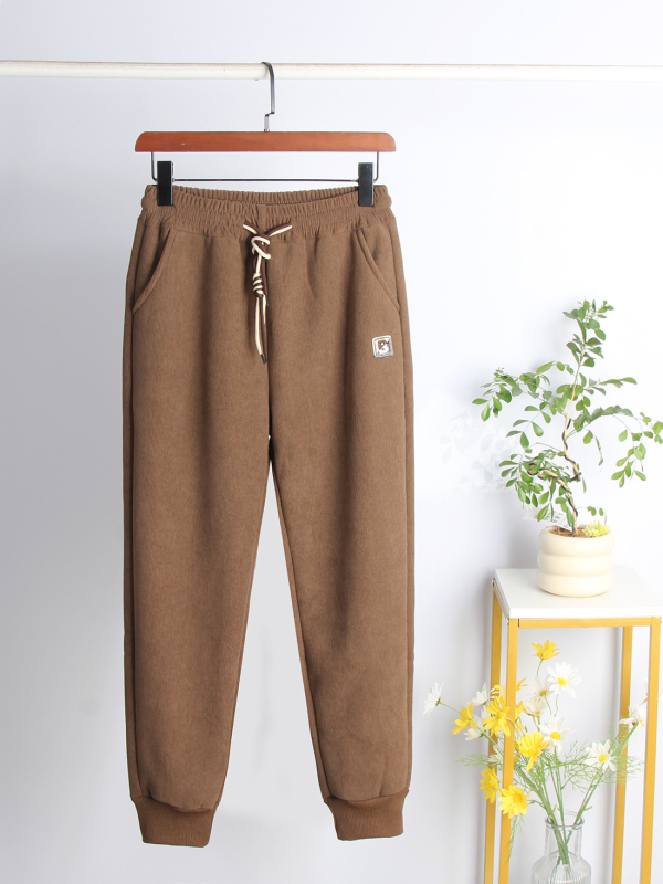 Ženske jogger hlače, visok struk, šnurica, širok kroj, ekstra debele, pamuk-poliester-spandex mješavina.
