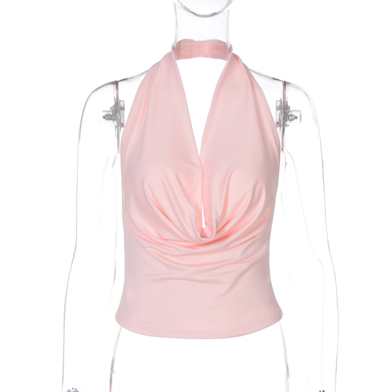 Női csőtop halter nyakú, nyitott hátsóval, slim fit, rövid fazon, pamut-poliészter keverék, mikro-elasztikus